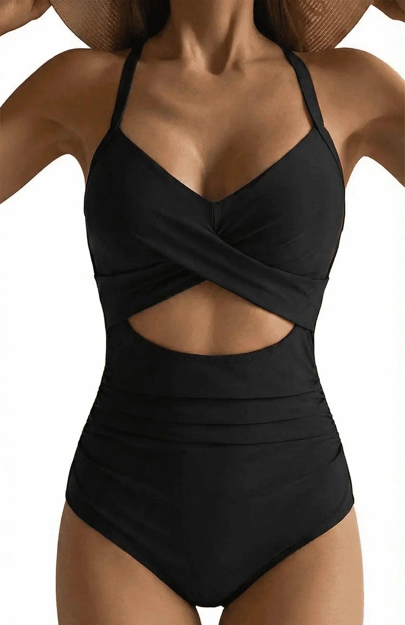 Black one-piece swimsuit with crisscross front and waist cutout, stylish women's beachwear