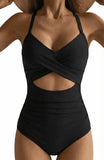 Black one-piece swimsuit with crisscross front and waist cutout, stylish women's beachwear
