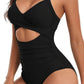 Black one-piece swimsuit with side cutouts and ruched waist for women's beach fashion