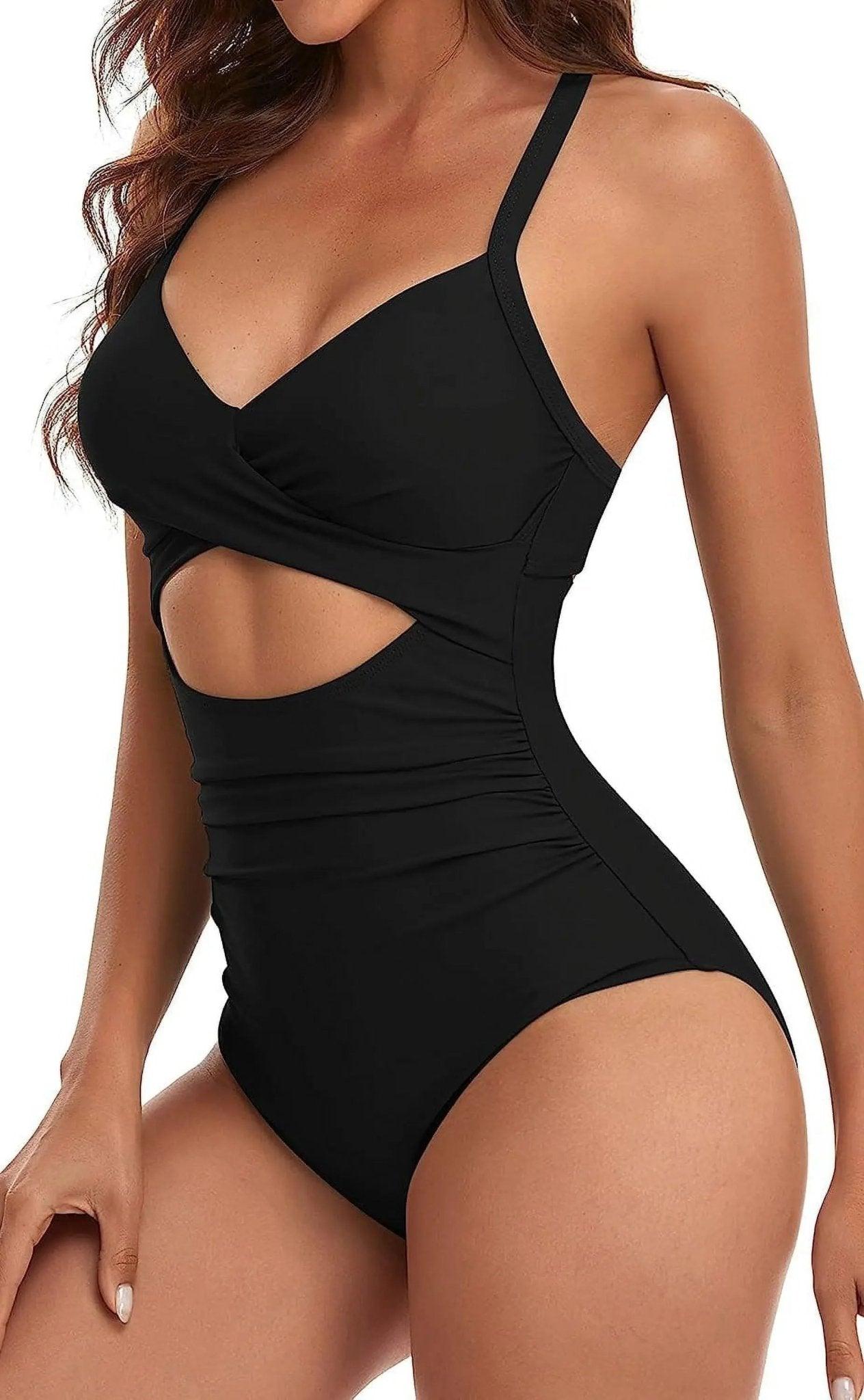 Black one-piece swimsuit with side cutouts and ruched waist for women's beach fashion