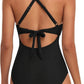 Black one-piece swimsuit with crisscross back and bow detail