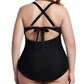 Black one-piece swimsuit with crisscross back straps and tie detail, plus size women's swimwear