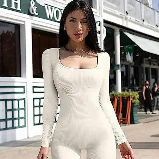 Woman in cream ribbed long sleeve bodysuit, stylish street fashion outfit