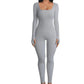 Gray ribbed long sleeve bodysuit with square neckline, women's fashion
