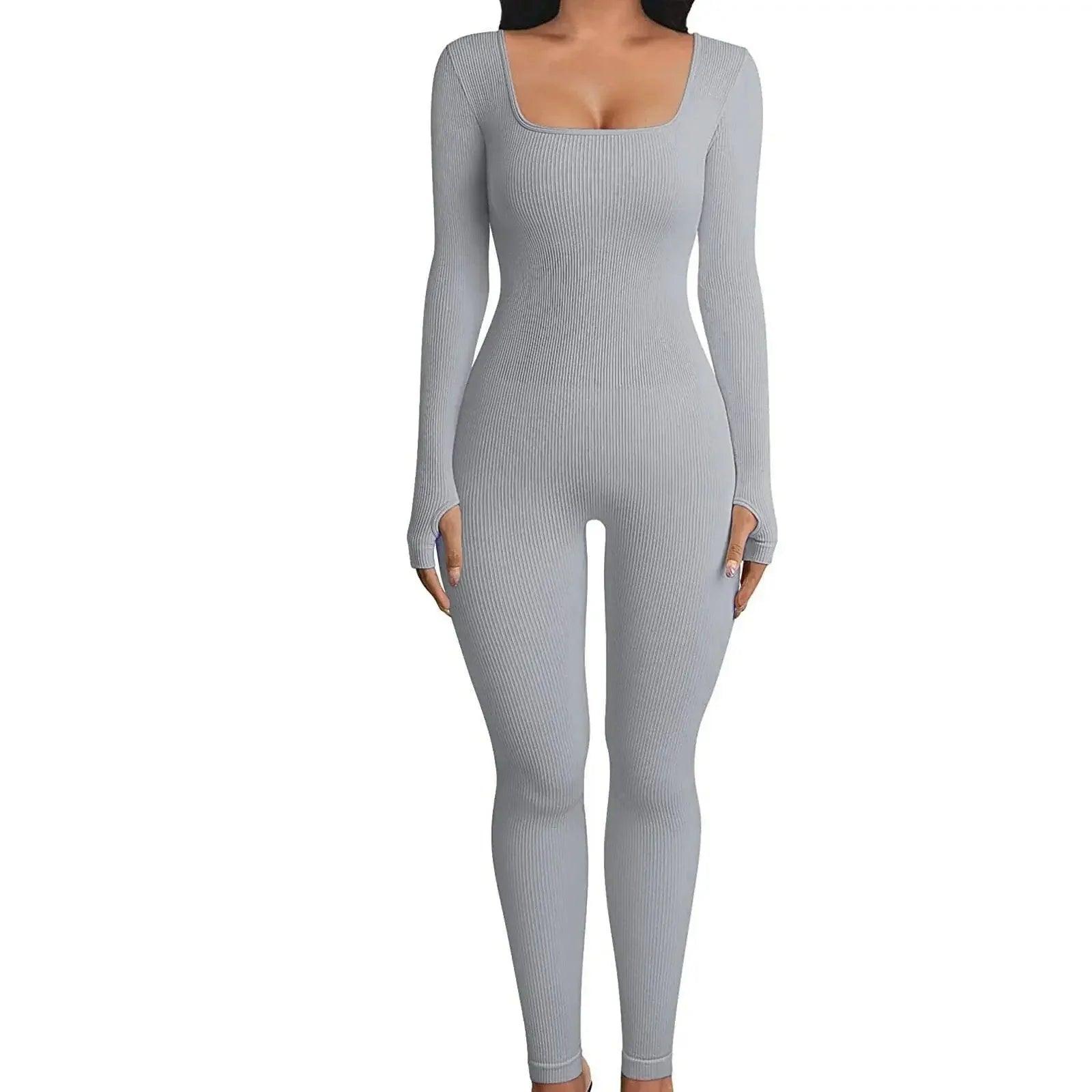 Gray ribbed long sleeve bodysuit with square neckline, women's fashion