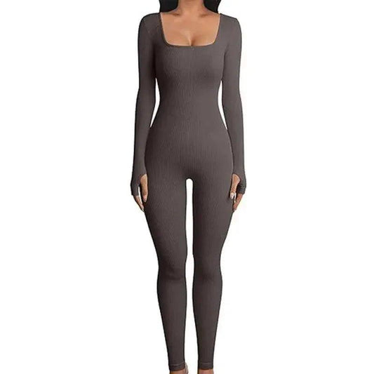 Women's ribbed long sleeve bodysuit, form-fitting fashion jumpsuit for everyday wear