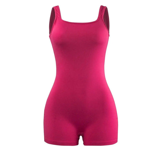 Pink women's one-piece romper with short legs and square neckline, fashion bodysuit