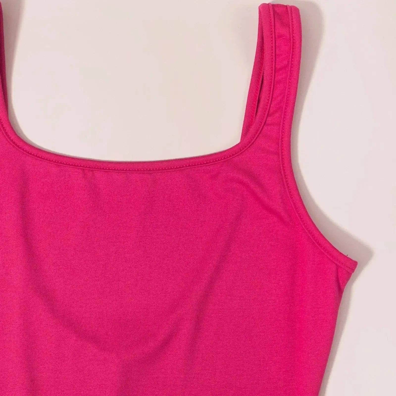 Bright pink women's tank top with square neckline and thin straps, fashion apparel detail