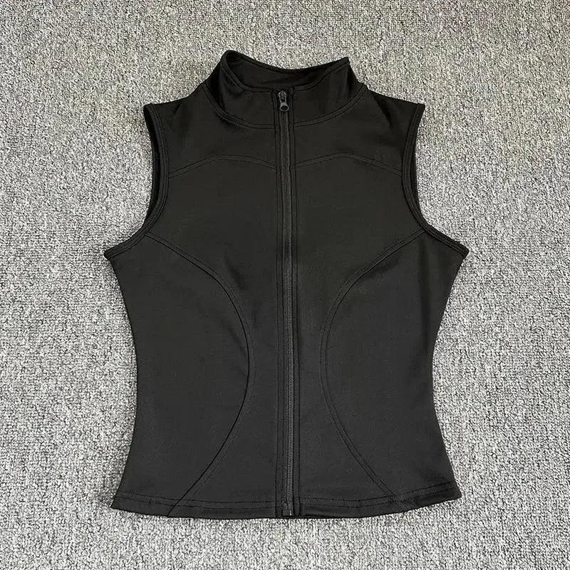 Black women's sleeveless zip-up fitness vest for workout and active wear