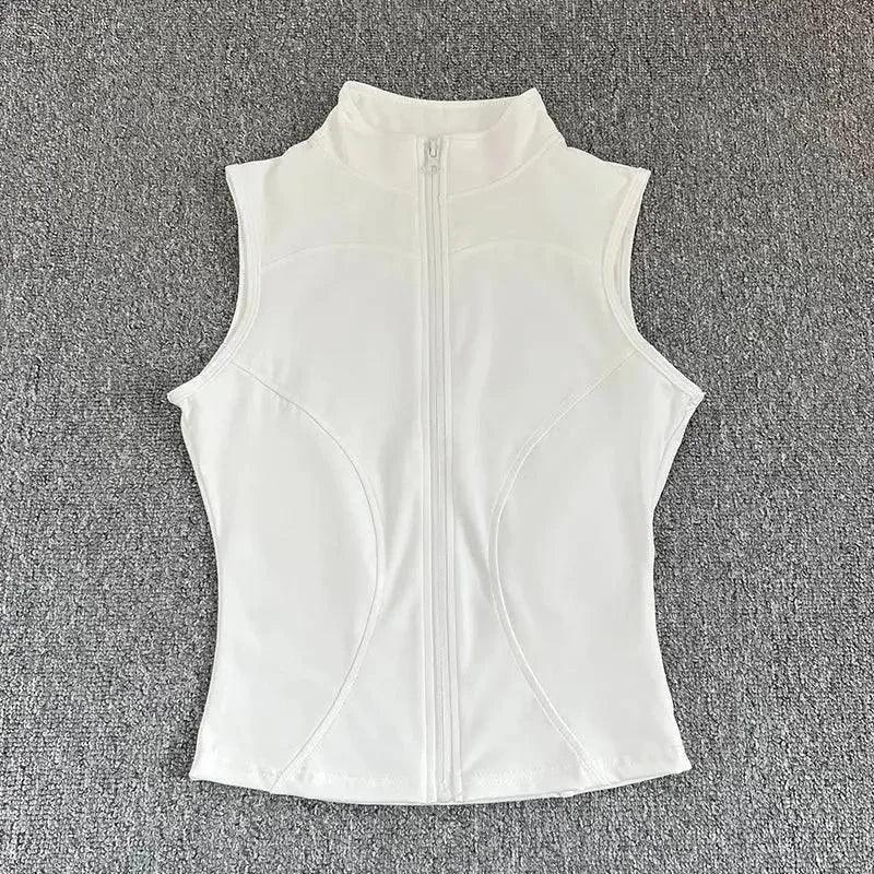 White sleeveless zip-up fitness vest for women, athletic wear, gym top, sporty fashion