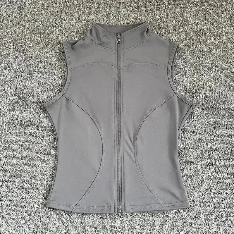 Gray women's sleeveless zip-up athletic vest for fitness and casual wear