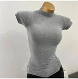 Gray women's fitted turtleneck tee with short sleeves, stylish casual top for everyday wear