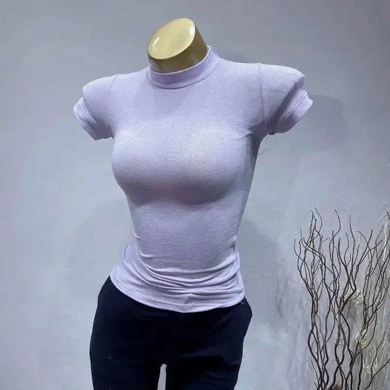 Lavender women's fitted turtleneck top with short sleeves, displayed on mannequin for fashion styling