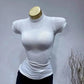 White fitted short sleeve top with mock neck, women's fashion apparel on mannequin
