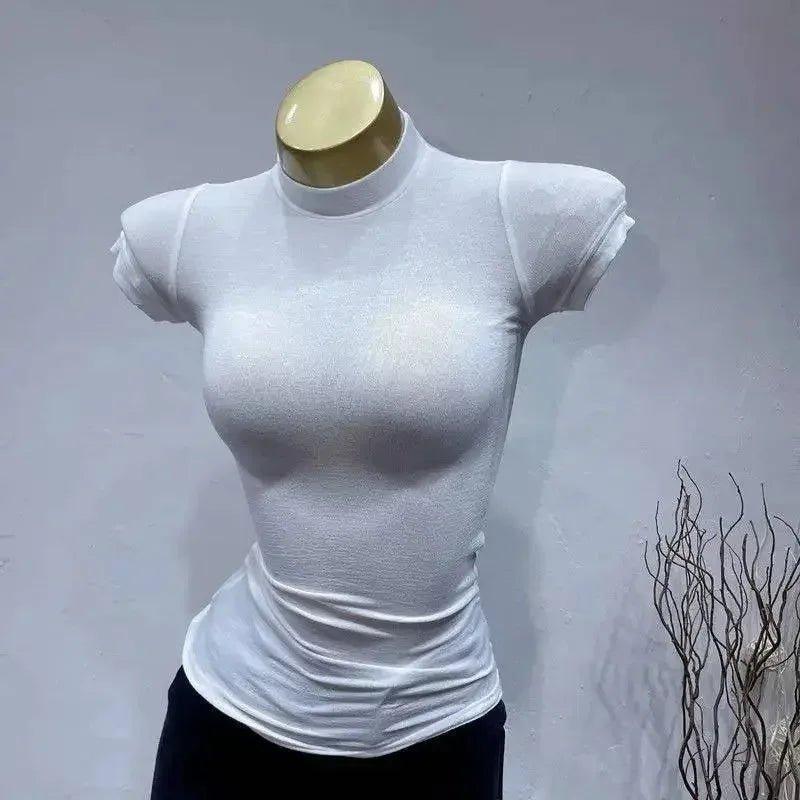 White fitted short sleeve top with mock neck, women's fashion apparel on mannequin