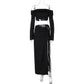 Black off-shoulder long-sleeve crop top with matching wrap skirt for women's fashion