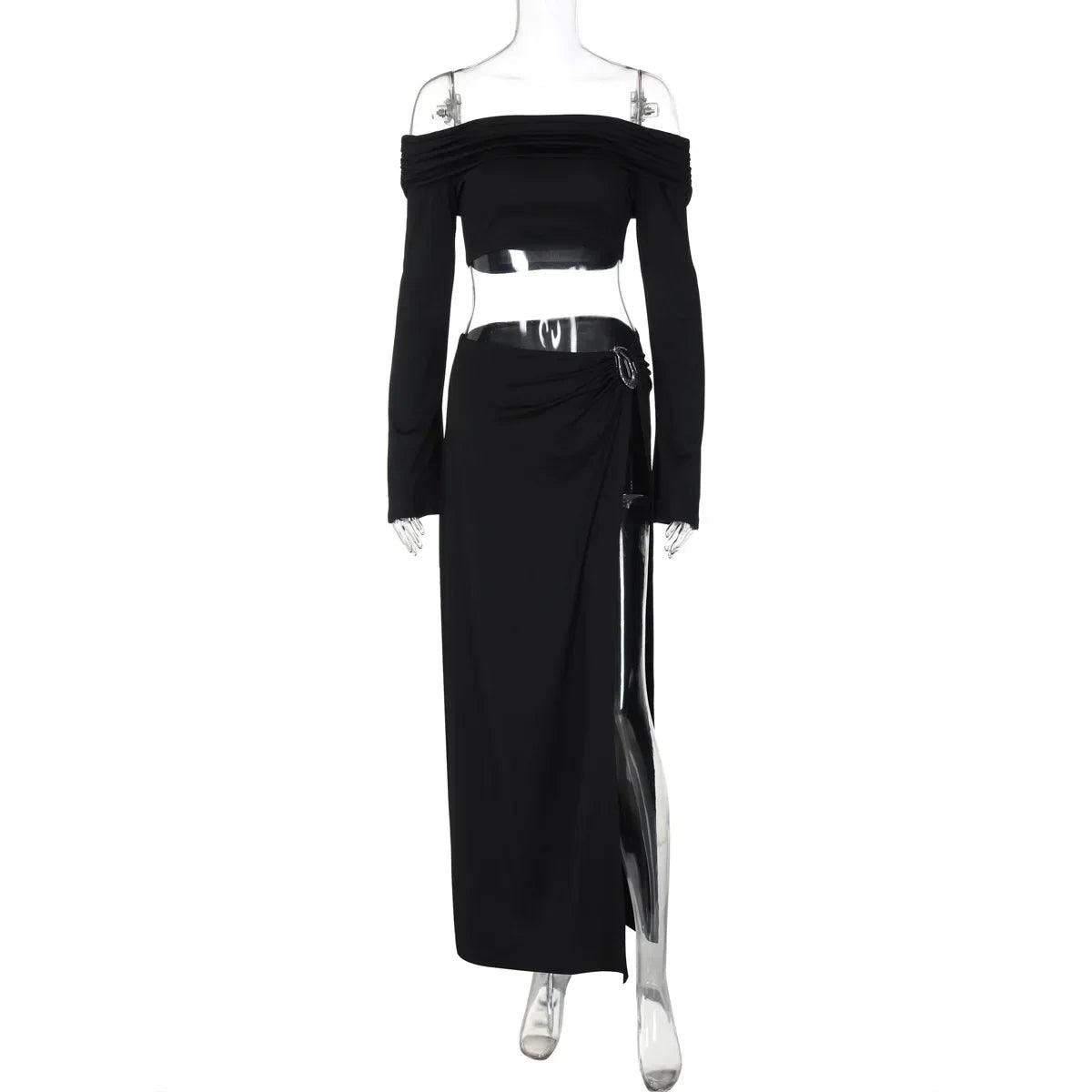 Black off-shoulder long-sleeve crop top with matching wrap skirt for women's fashion
