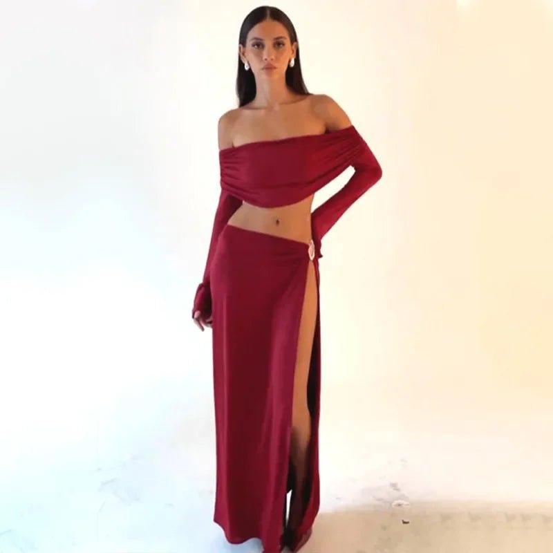 Burgundy off-shoulder crop top and high slit maxi skirt set for women's fashion