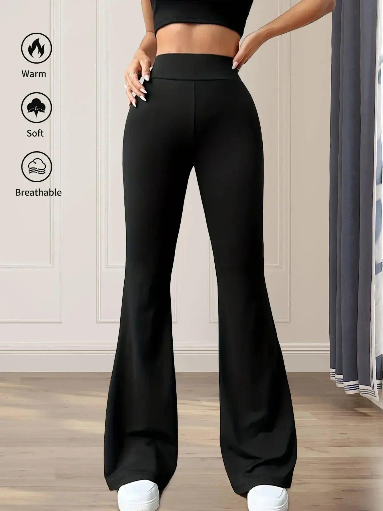 Black high-waist flare pants, warm soft breathable, women's fashion activewear