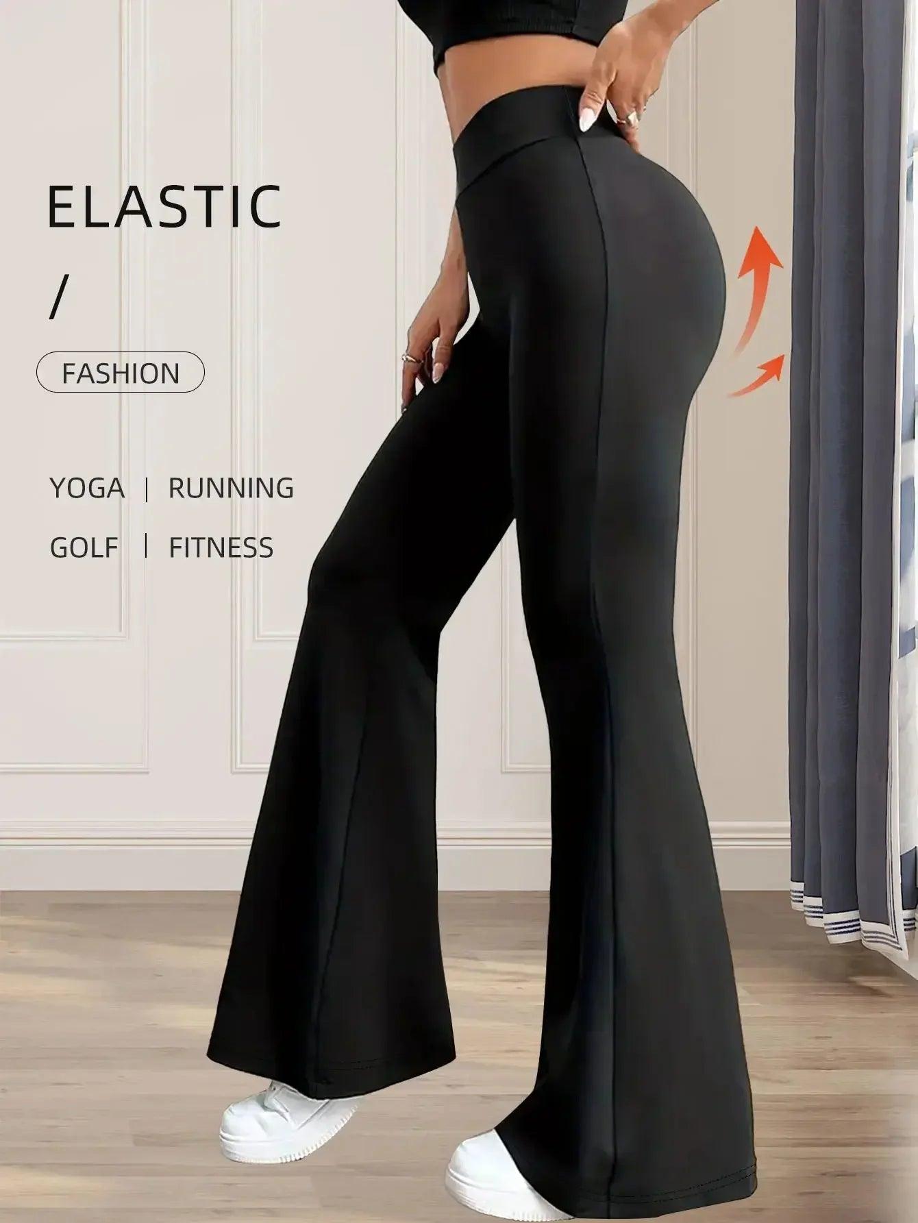 Black elastic flare yoga pants for fitness, running, and fashion wear