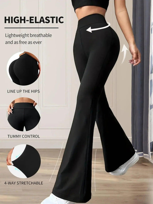 Black high-elastic flare leggings with tummy control, breathable fabric, and 4-way stretch for women's fashion