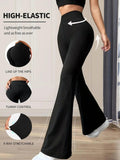 Black high-elastic flare leggings with tummy control, breathable fabric, and 4-way stretch for women's fashion