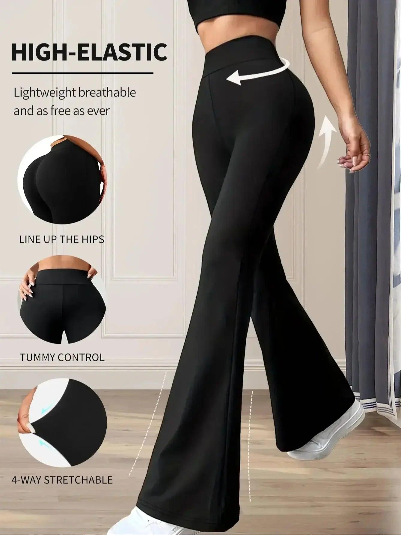 Black high-elastic flare yoga pants with tummy control, hip lining, and 4-way stretch for women's fashion