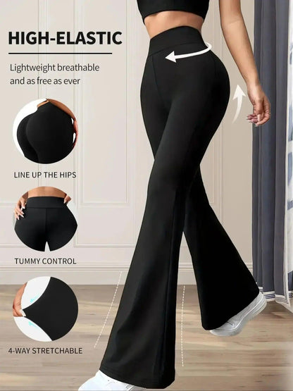Black high-elastic flare yoga pants with tummy control, hip lining, and 4-way stretch for women's fashion