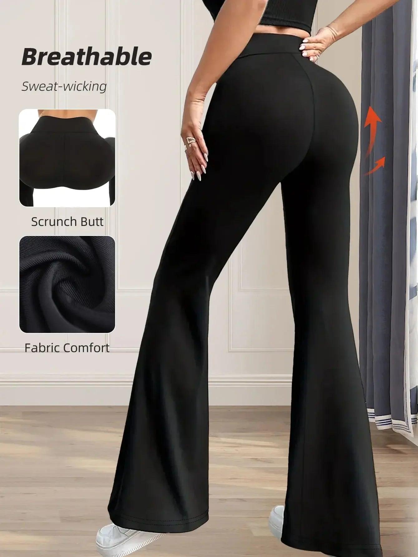 Black flared yoga pants with scrunch butt, breathable sweat-wicking fabric for comfort