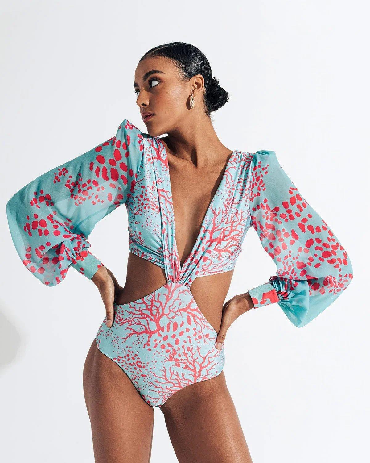 Women's Swimsuit 2024 Long Sleeve Rash Guard Bikini Surfing Suit One Piece Bodysuit Print Brasileño Push up Monokini Swimwear - Womans Fashion