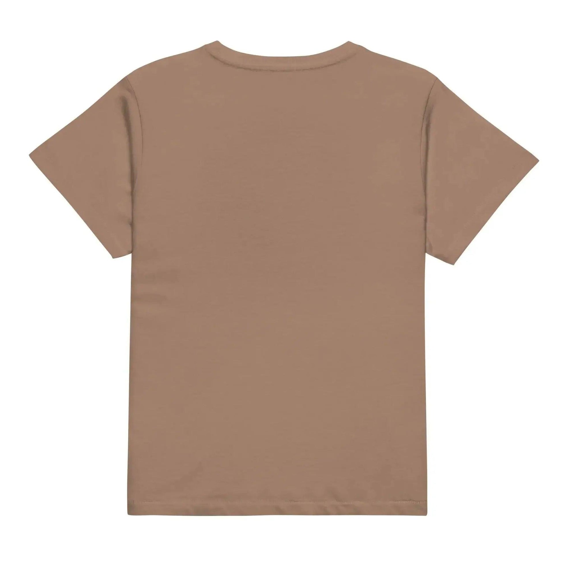 Solid brown women's fashion t-shirt, back view, minimalist casual wear