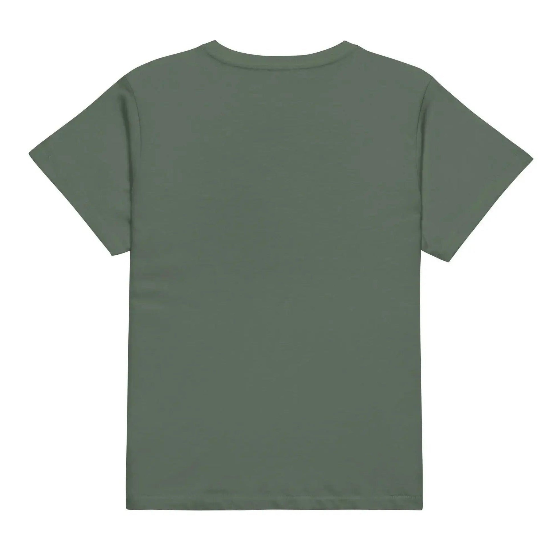 Olive green women's fashion t-shirt, plain back view, casual style
