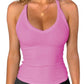 Pink ribbed women's tank top with V-neck, ideal for fashion and fitness wear