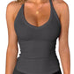 Gray ribbed racerback tank top for women, stylish fitness wear with V-neck design