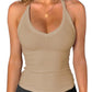 Beige ribbed women's tank top with V-neck and halter straps, stylish casual fashion