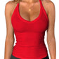 Red ribbed women's tank top with V-neck and halter straps, stylish fitness wear