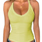 Lime green ribbed tank top with V-neck, worn with jeans and gold necklace for women's fashion
