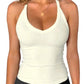 Cream ribbed V-neck tank top for women, stylish and fitted, perfect for fashion or workout wear.