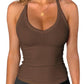 Brown ribbed V-neck tank top for women, stylish fitness wear with gold necklace