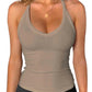 Women's ribbed olive green tank top with V-neck, perfect for fitness or casual wear