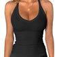 Black ribbed racerback tank top for women, stylish fitness wear with V-neck design