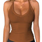 Brown ribbed women's tank top with V-neck and halter straps, stylish casual wear