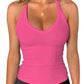 Pink ribbed V-neck tank top for women, stylish fitness wear with gold necklace