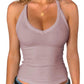 Lavender ribbed V-neck tank top for women, paired with jeans and gold necklace