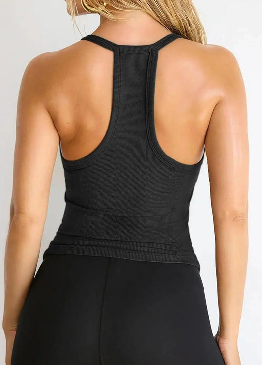 Black ribbed racerback tank top for women, stylish fitness wear with open back design
