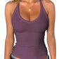 Purple ribbed V-neck tank top for women, stylish summer fashion with gold necklace