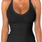 Black ribbed halter neck tank top for women, stylish fitness wear with V-neck detail
