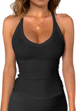 Black ribbed halter neck tank top for women, stylish fitness wear with V-neck detail