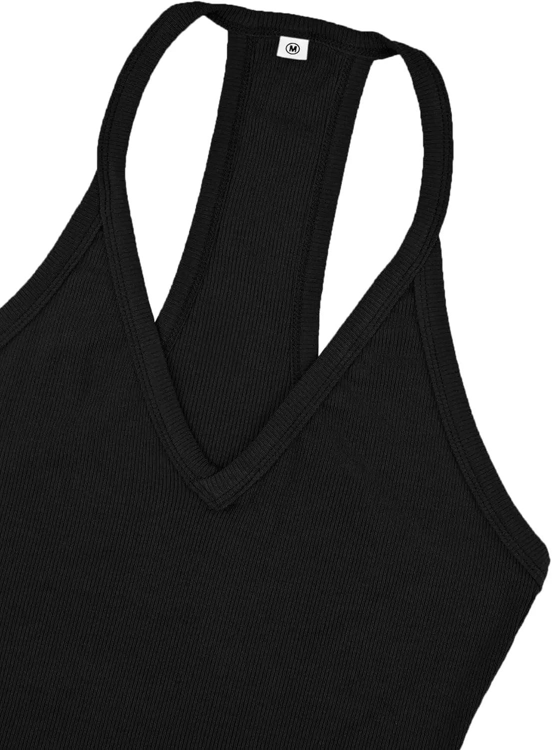 Black ribbed women's tank top with racerback and V-neck, size M