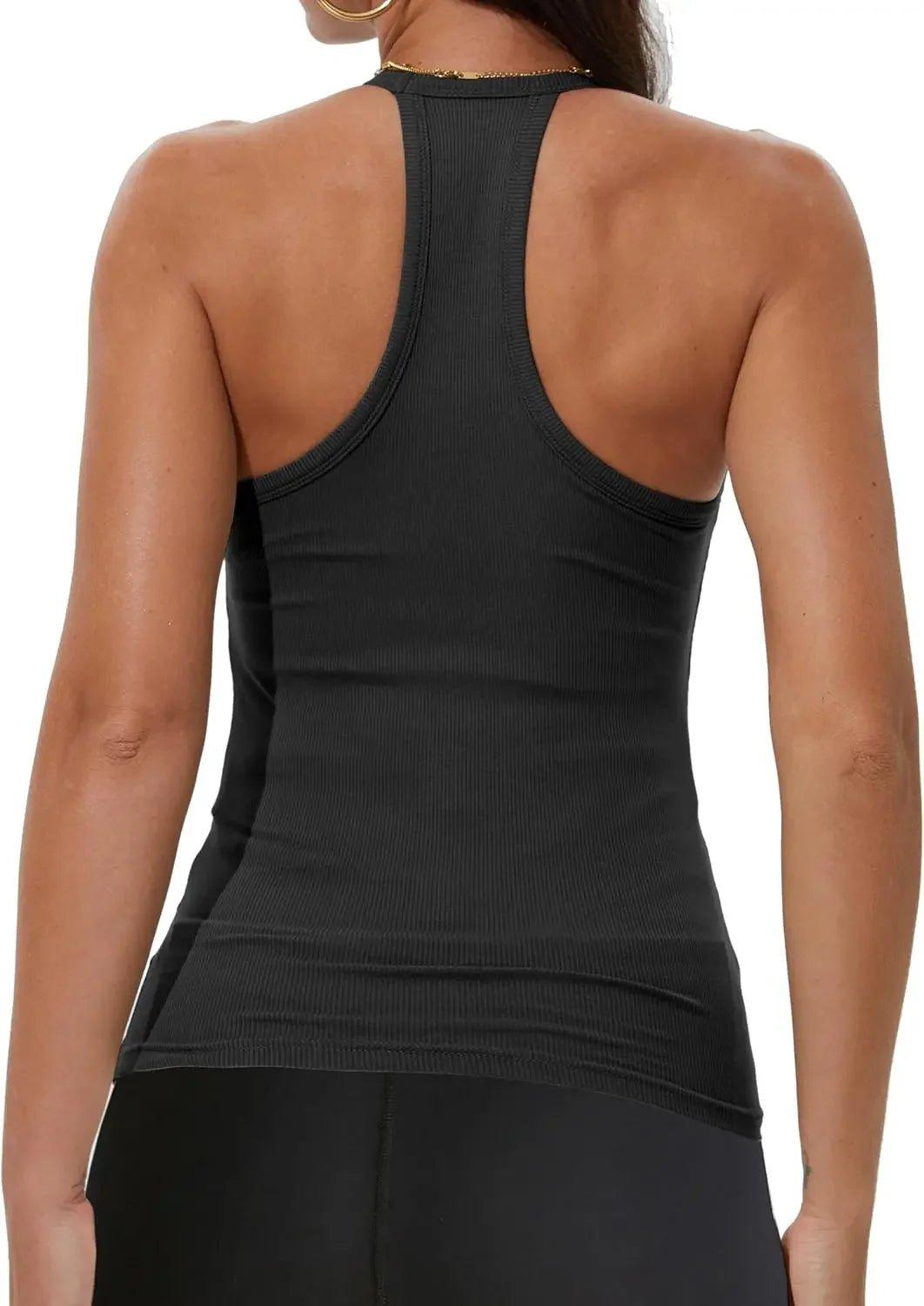 Black ribbed racerback tank top for women, stylish fitness wear